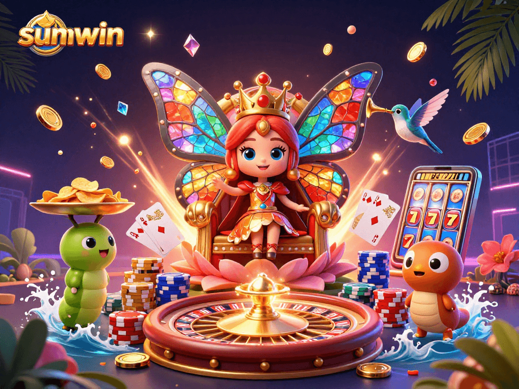Engage with exciting slots at sunwin, featuring a stunning butterfly queen amidst vibrant casino elements.