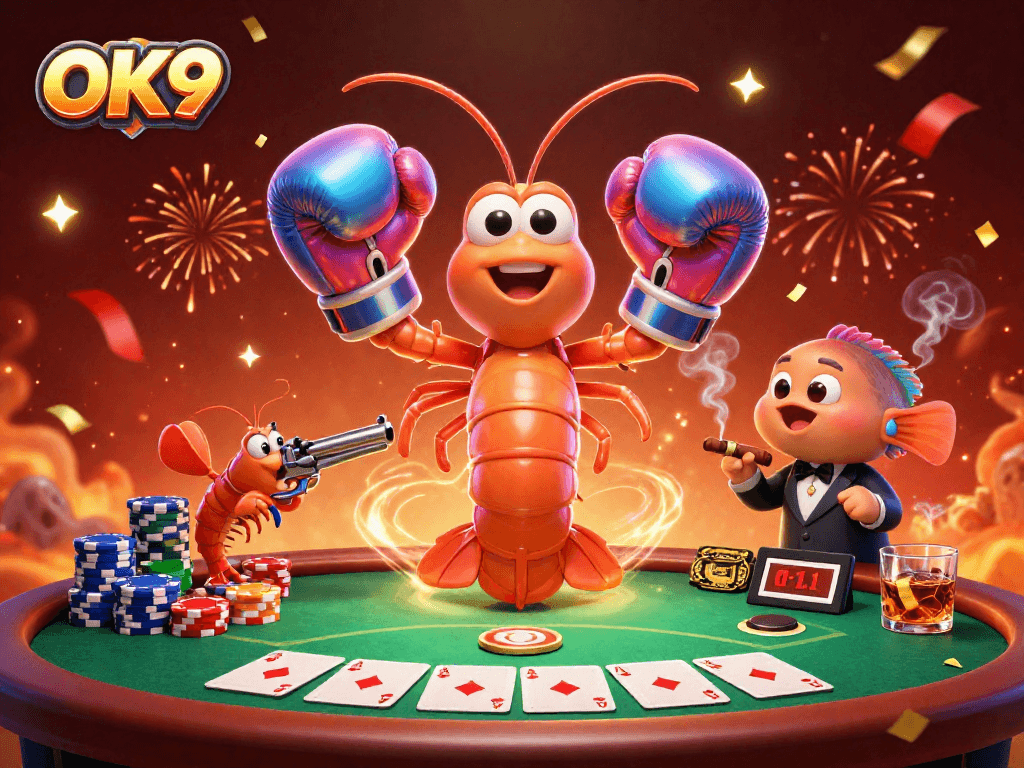 Experience fun gaming at OK9 with cartoon mantis shrimp characters celebrating poker.