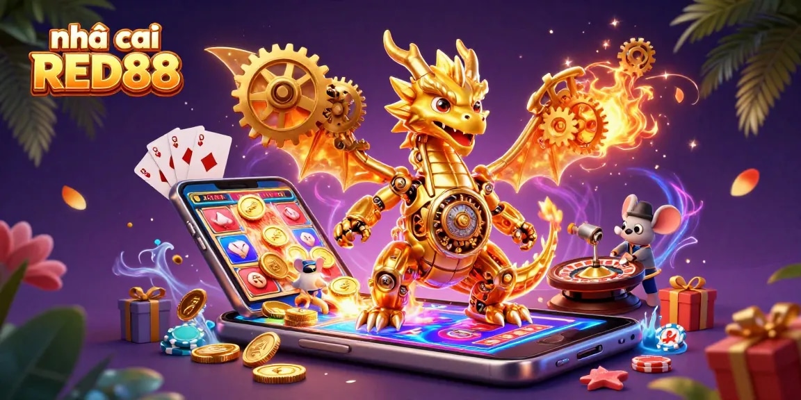 Experience the thrill of nhà cái RED88 with 3D animated dragon and golden casino elements.