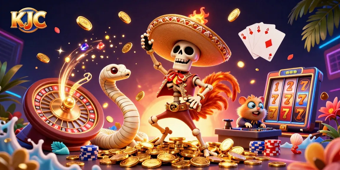KJC showcases a vibrant 3D casino scene with characters dancing on golden coins amidst dazzling gaming elements.