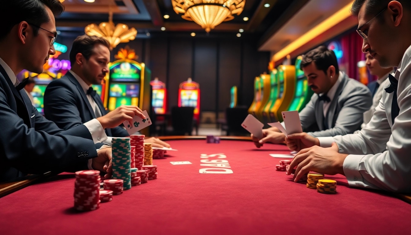 Competitive poker players at a luxurious casino table featuring vibrant DA88 chips and cards, representing high-stakes gambling.