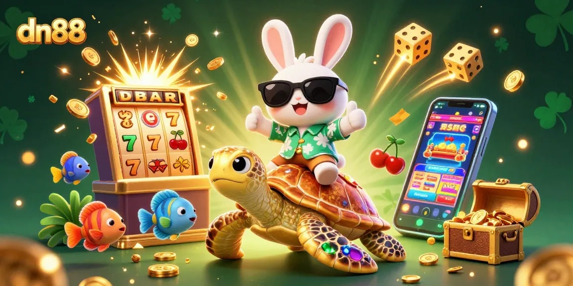 Experience dn88 excitement with a lucky rabbit and sea turtle in a vibrant casino scene.