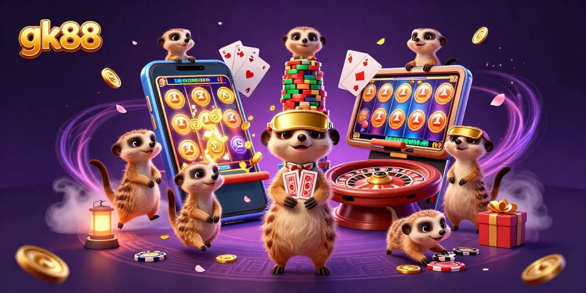 Experience gk88 excitement with meerkats managing a vibrant casino scene full of games and action.