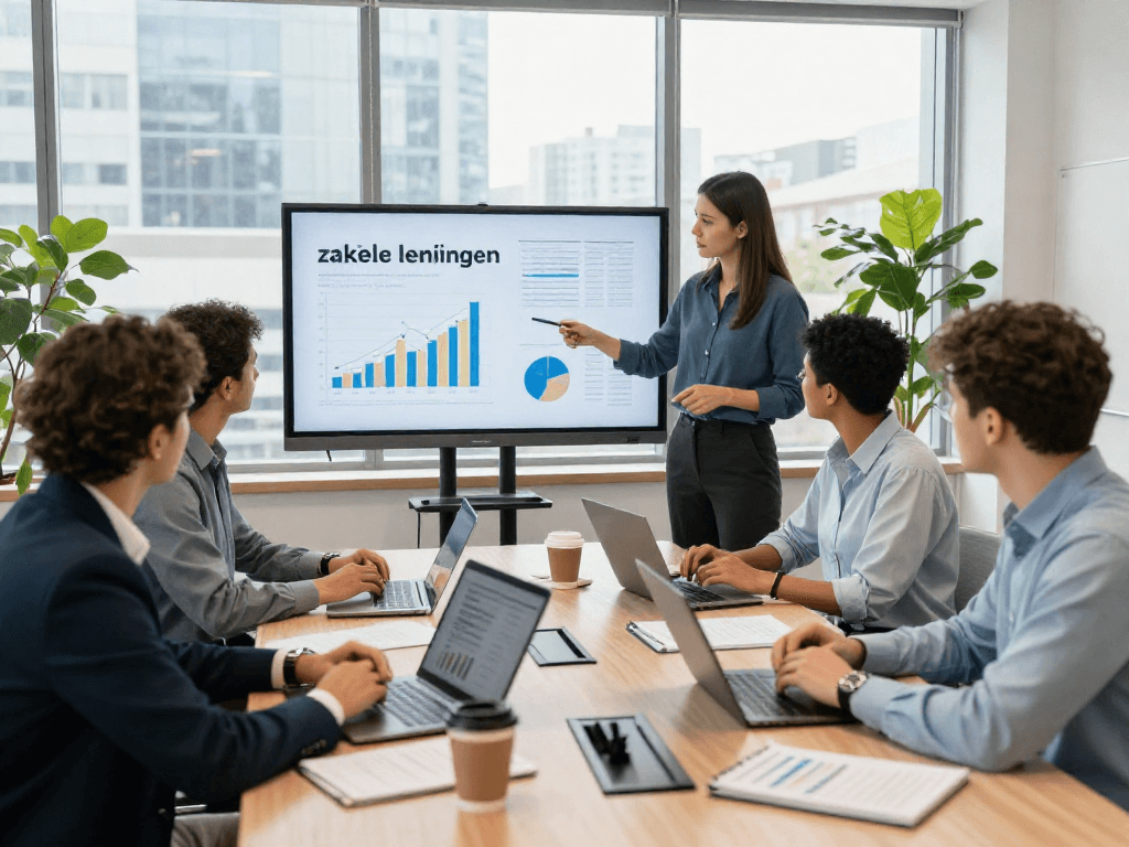 Professionals bespreken zakelijke leningen in moderne kantooromgeving met financiële documenten en grafieken.