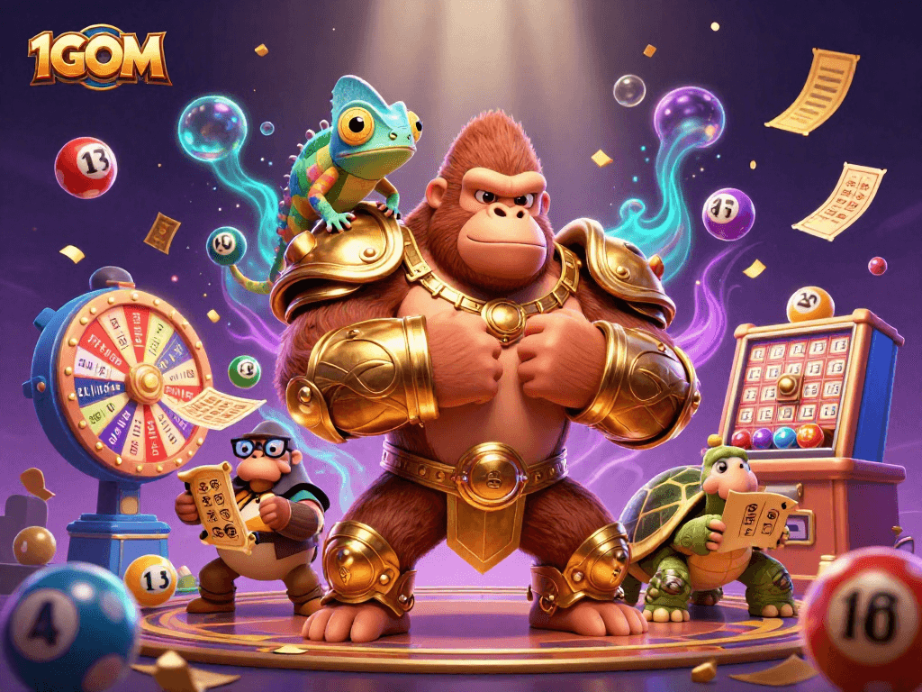 Engage in thrilling action with 1GOM's vibrant 3D casino illustration showcasing dynamic gambling elements.