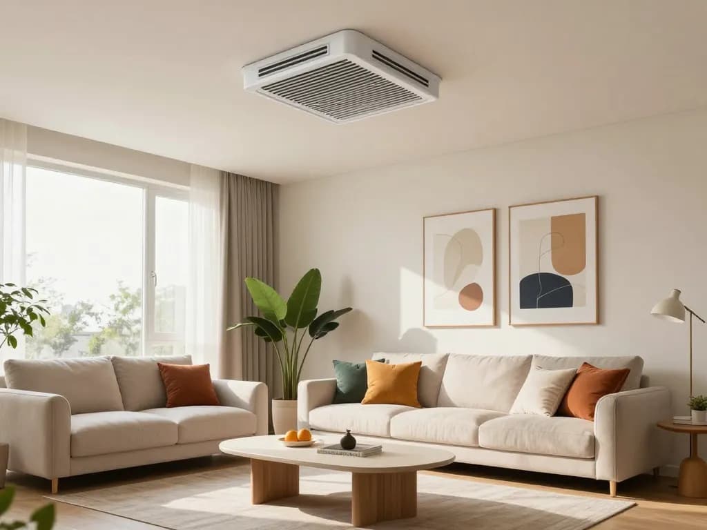 Stijlvolle woonkamer met een moderne ventilator die comfort en moderne decoratie verbetert.