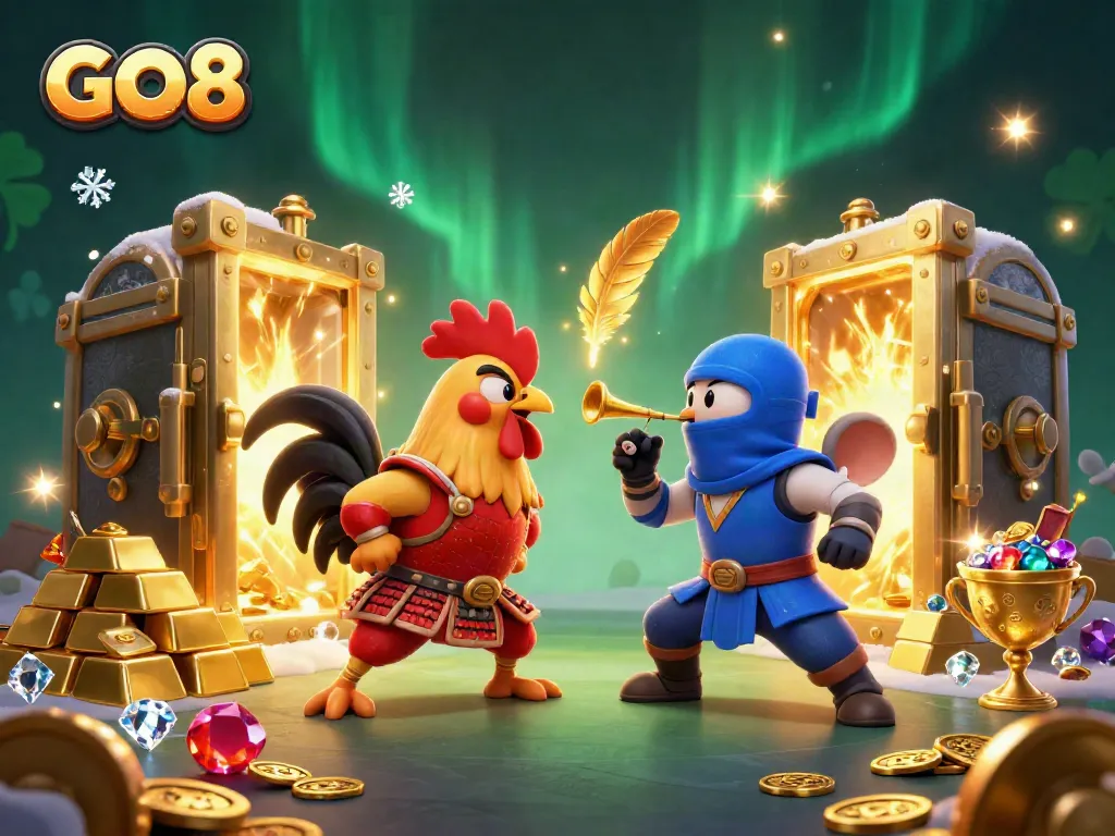 Engage with the action at GO8 featuring intense rooster standoff in a vibrant casino scene.