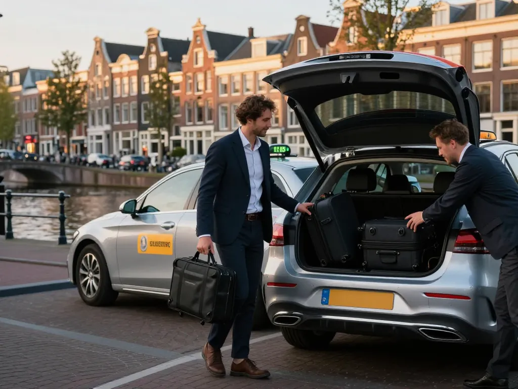 Taxirit in Amsterdam met een professionele chauffeur die bagage laadt bij Schiphol, met de nadruk op comfort en luxe.