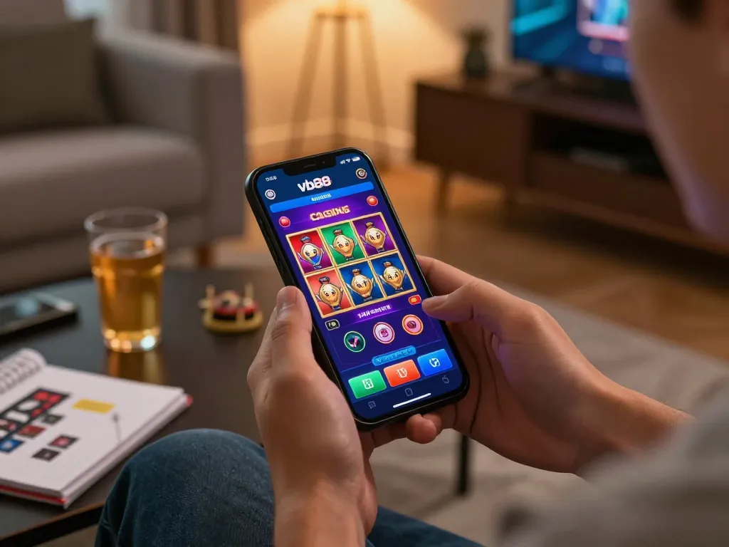 Engaging home scene with a person using the vb88 apk for an immersive online casino experience.