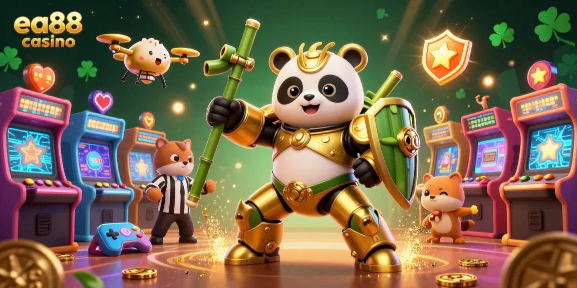 Join the excitement at ea88 casino with a golden panda in a dynamic gaming arena, surrounded by vibrant arcade machines.
