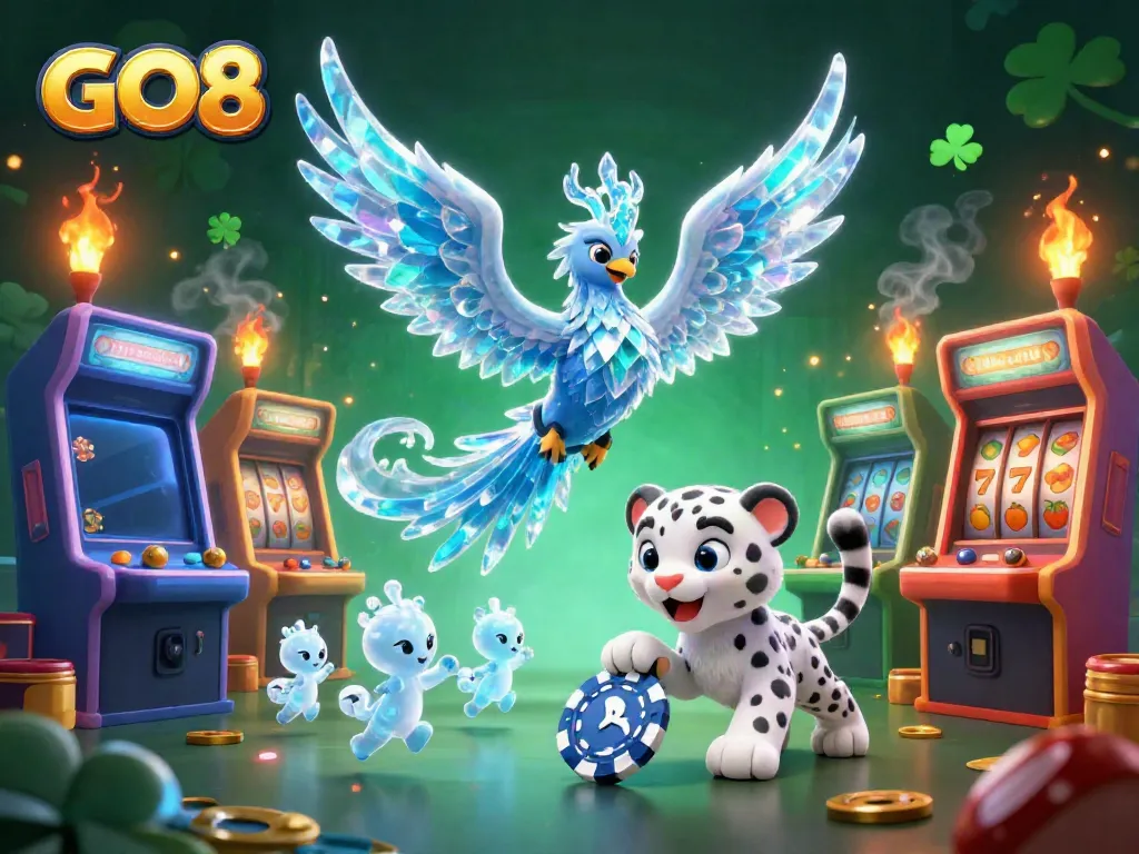 GO8 online casino features an ice phoenix and snow leopard cub in a vibrant gaming scene.