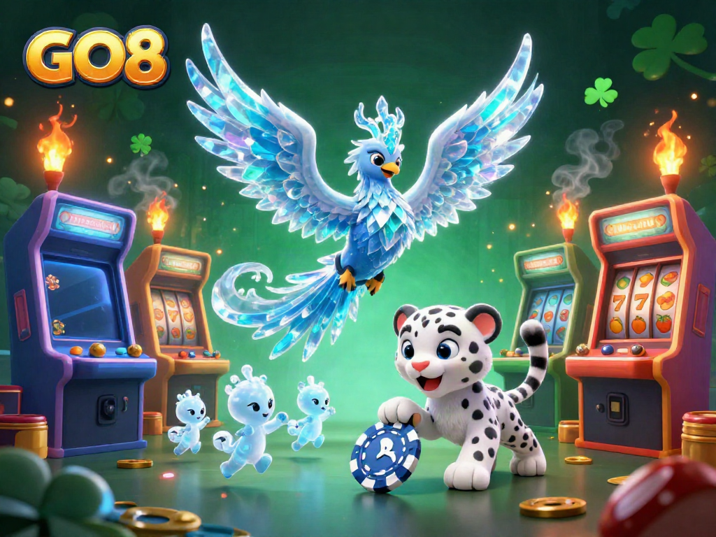 GO8 online casino features an ice phoenix and snow leopard cub in a vibrant gaming scene.