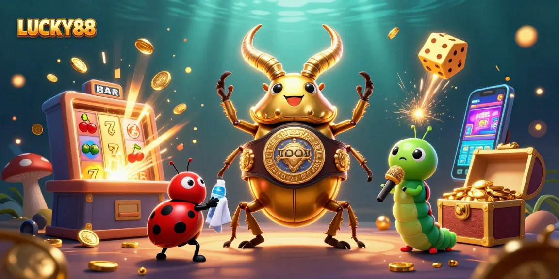 Experience vibrant LUCKY88 slots action with a golden stag beetle boxing champion illustration.