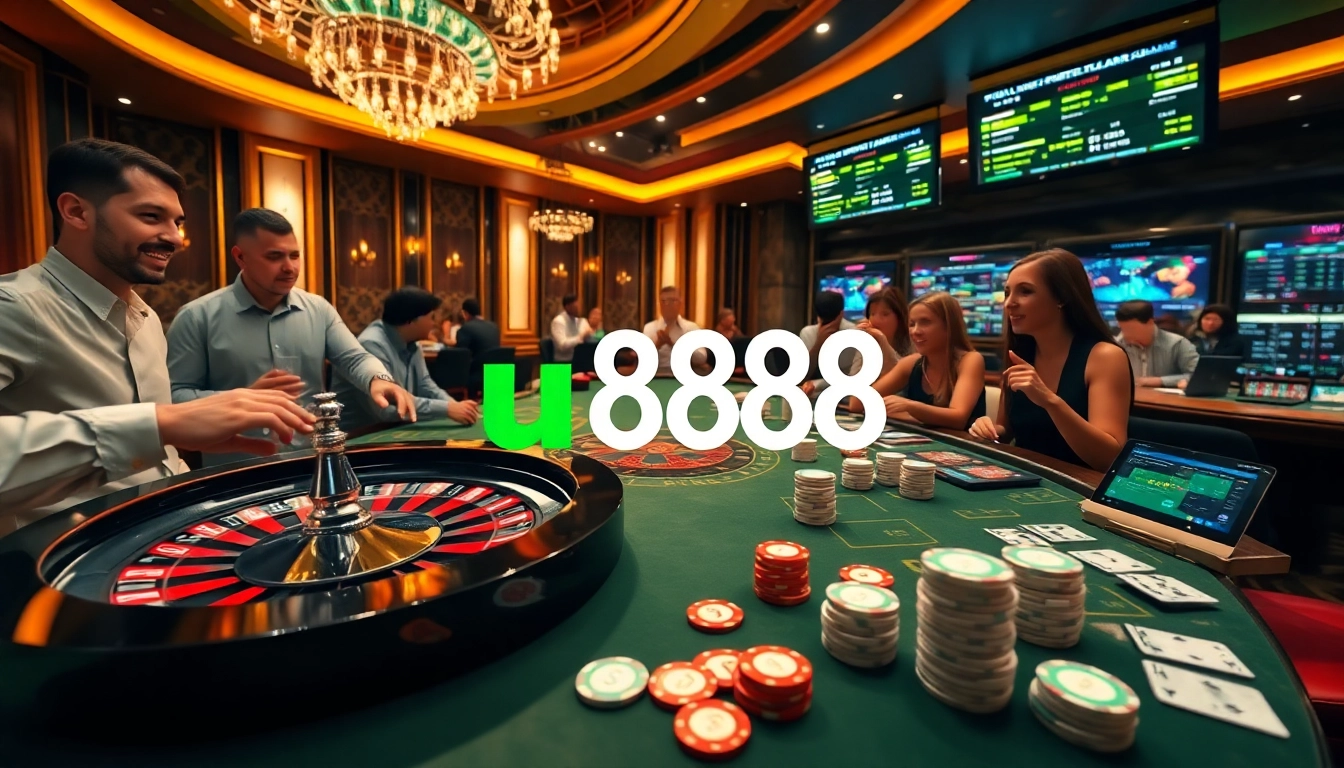 Experience the excitement of u888 with poker chips and roulette wheels in a luxurious casino setting.