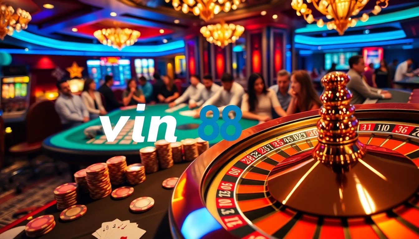 A dynamic gaming table scene at vin88 casino, showcasing excitement with poker chips and a spinning roulette wheel.