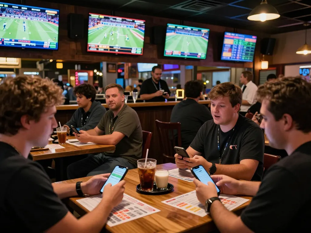 Sc88 bettors excitedly placing wagers while watching live sports on multiple screens in a vibrant bar.