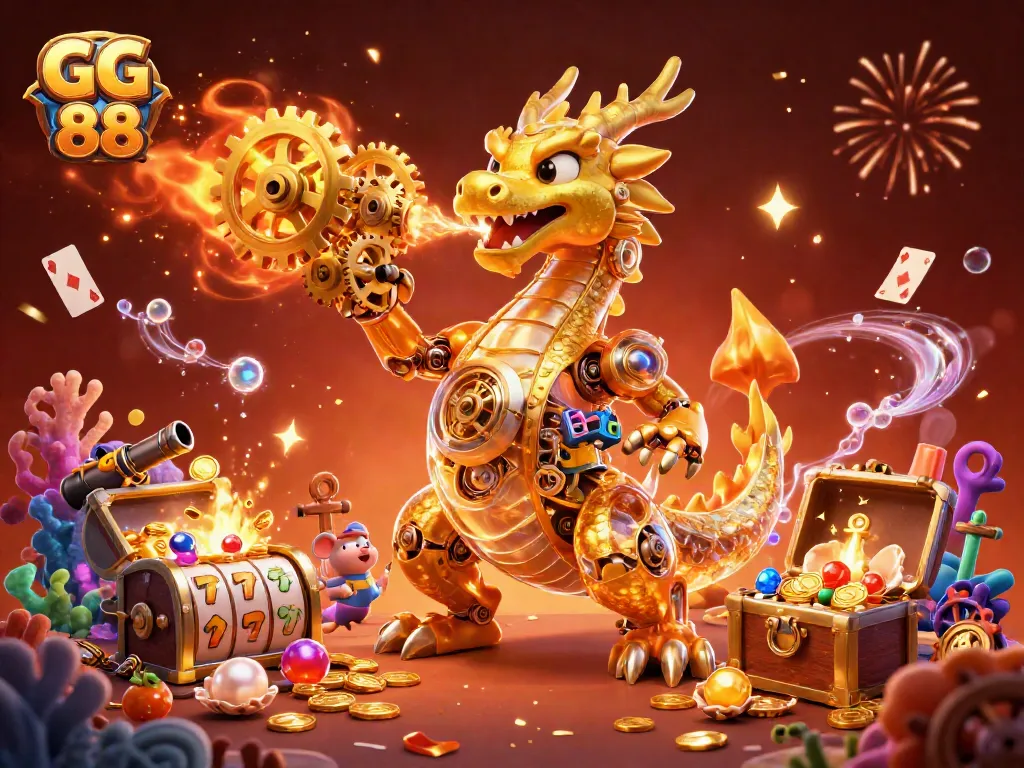 Win with GG 88 while enjoying a vibrant casino scene filled with rich gaming elements, treasures, and excitement.