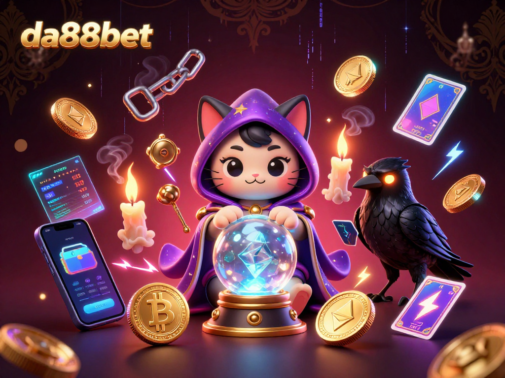 Experience the magic of da88bet with a 3D fortune teller cat and raven, amidst crypto elements.