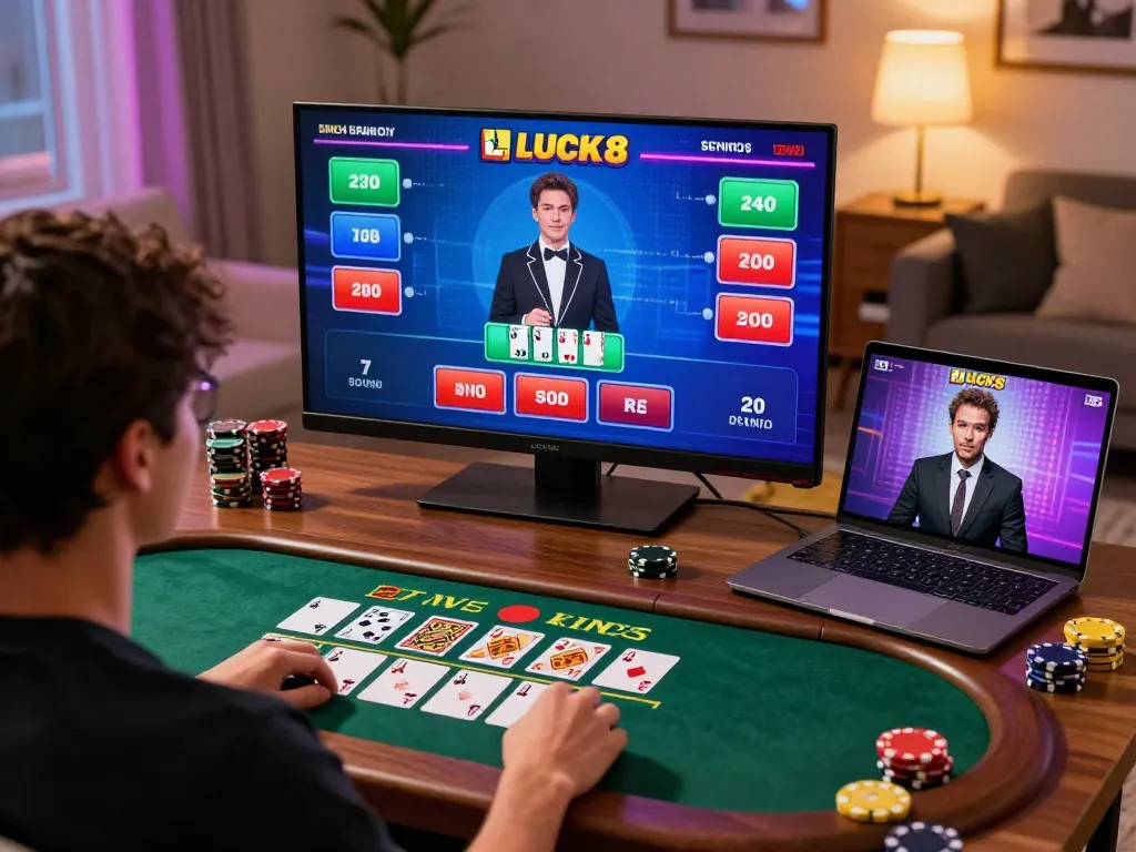 Người chơi LUCK8 tham gia trò chơi blackjack với dealer trực tiếp, thể hiện sự tương tác trong cá cược trực tuyến.