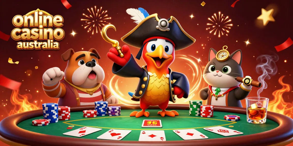 Experience excitement at online casino australia with playful characters in a vibrant poker scene.