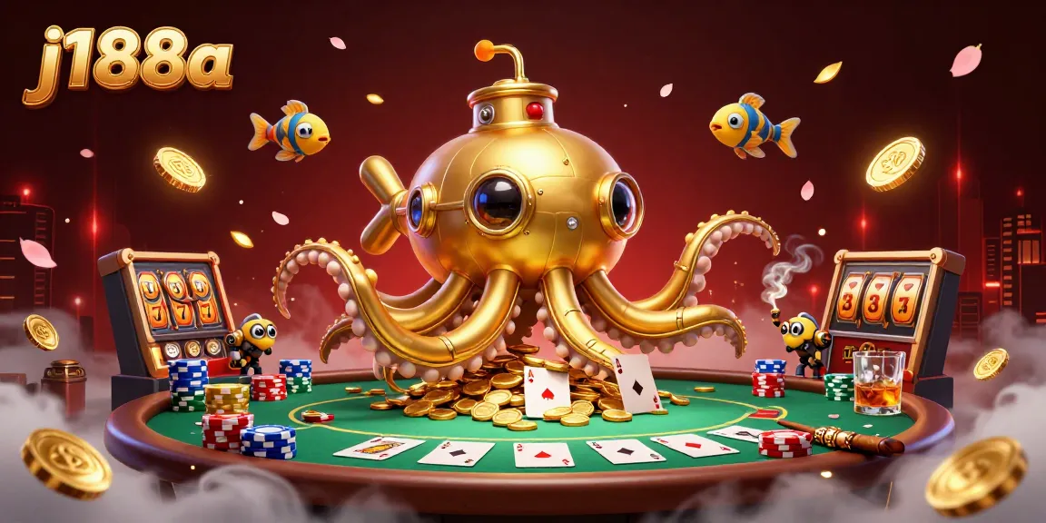 Experience thrilling gameplay action at j188a with a vibrant 3D casino scene filled with poker elements.