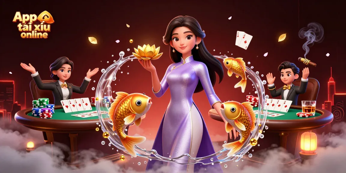 Experience the excitement of App tài xỉu online with vibrant 3D visuals showcasing dynamic characters and casino elements.