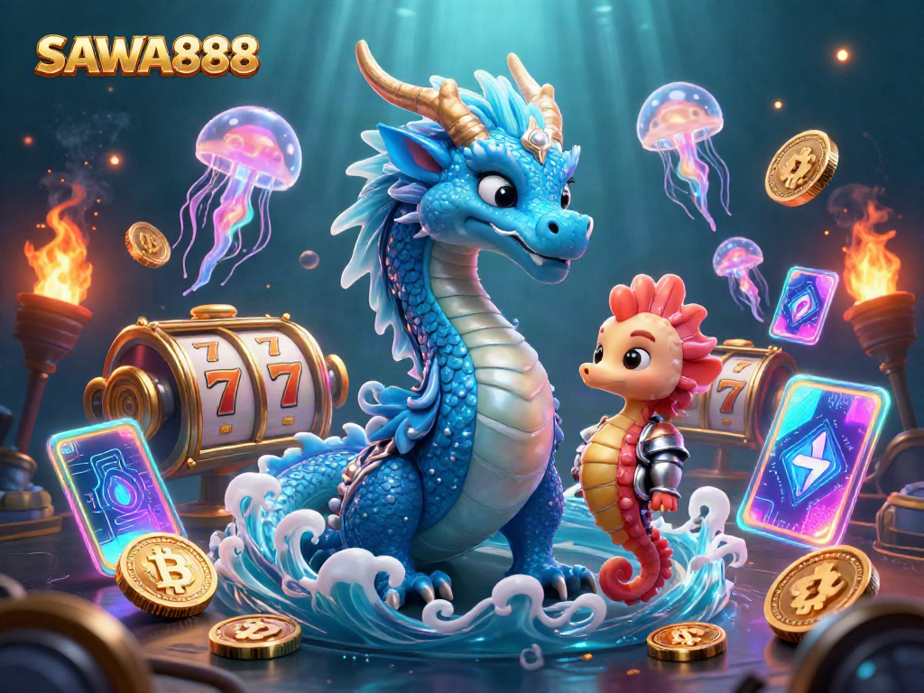 Play slots at SAWA888 while engaging with a vibrant underwater scene featuring magical creatures.