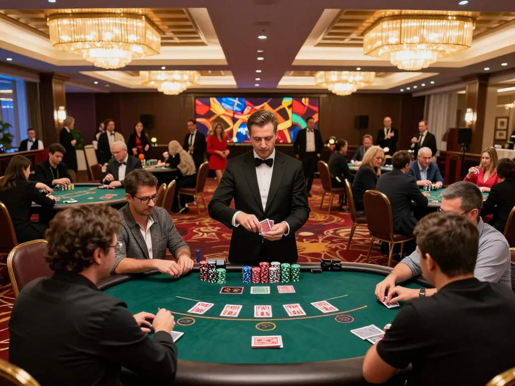 A lively casino scene at https://va88.moe/ featuring players engaged in intense blackjack games with dealers and vibrant lighting.
