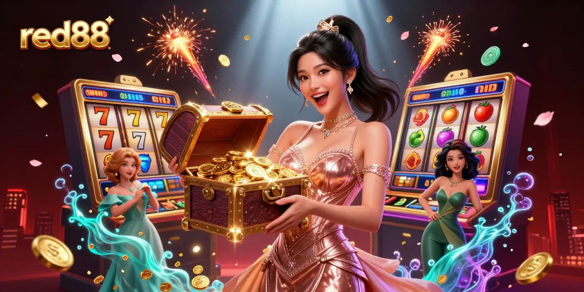 Engage with the exciting world of red88's casino games featuring a treasure chest full of riches amidst vibrant elements.
