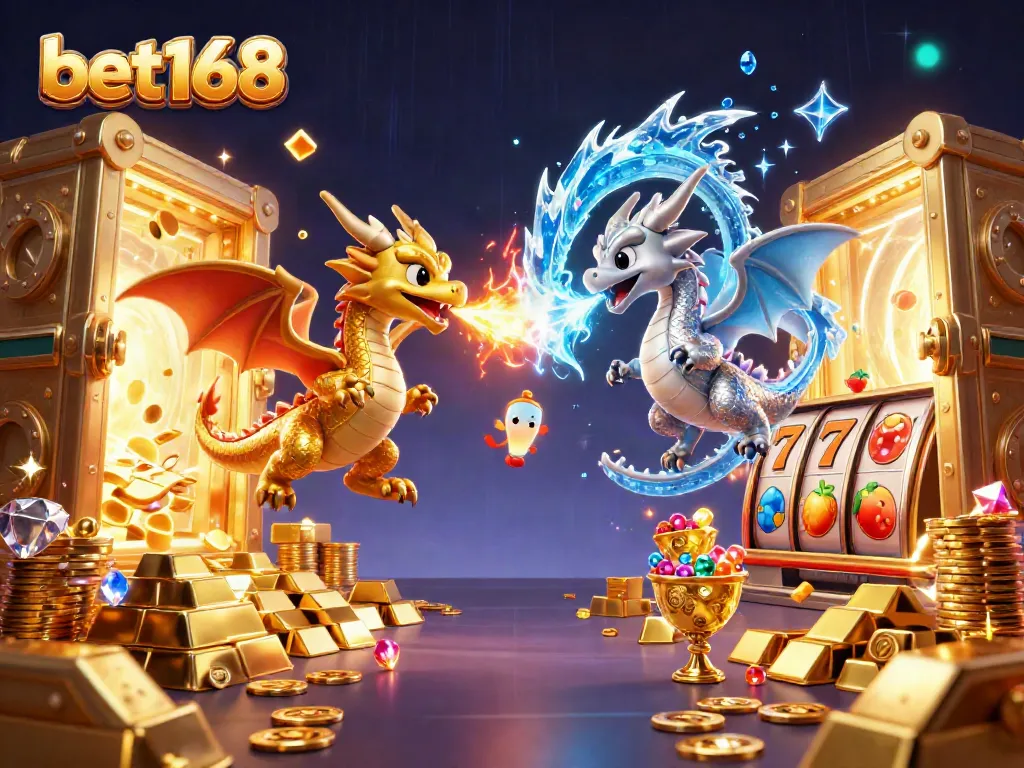 Engage in thrilling slots action with bet168's spectacular dragon-themed 3D casino illustration.