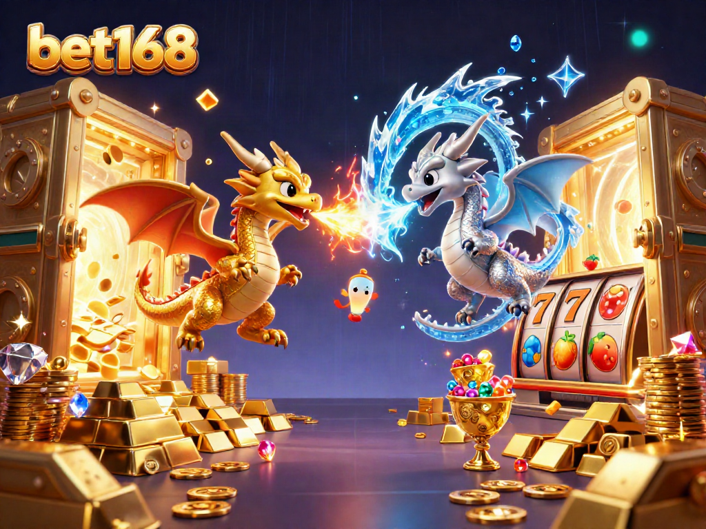 Engage in thrilling slots action with bet168's spectacular dragon-themed 3D casino illustration.