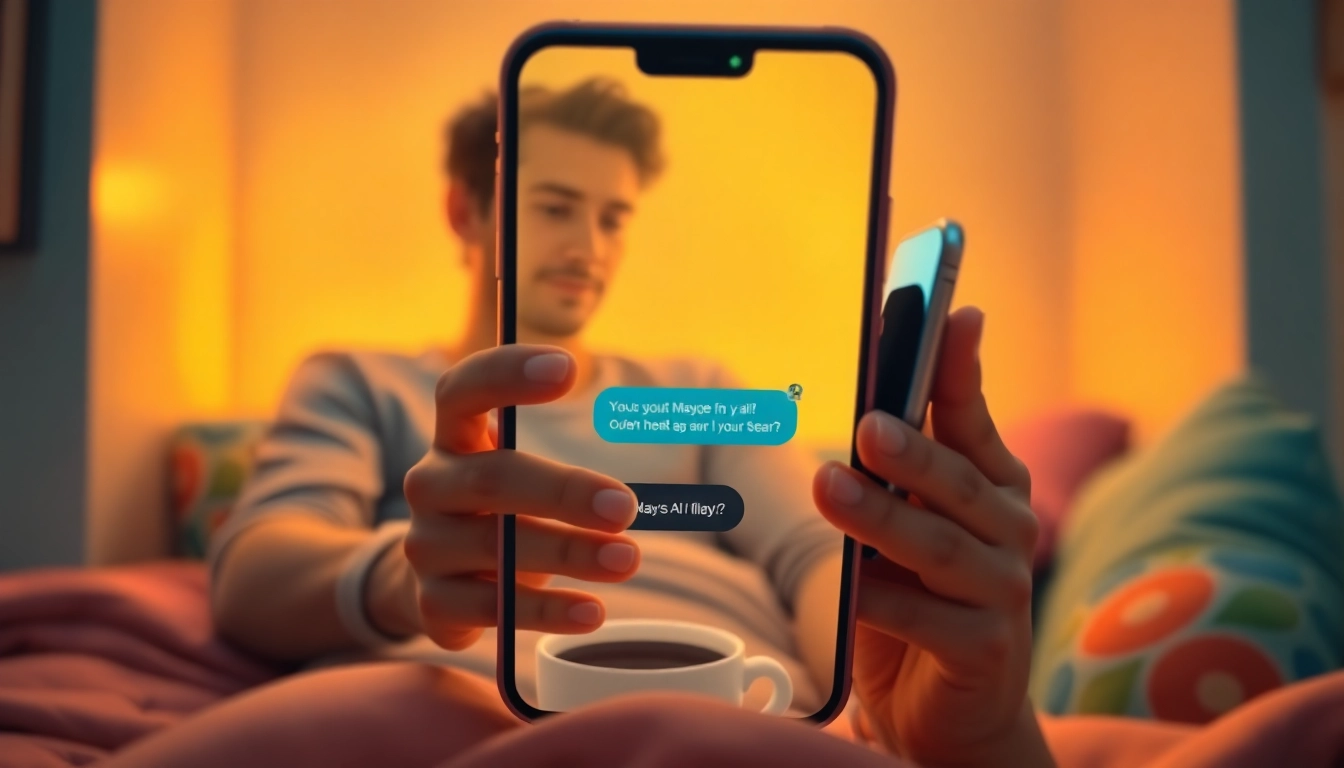 Engaging in sexting AI conversations on a smartphone in a cozy setting.
