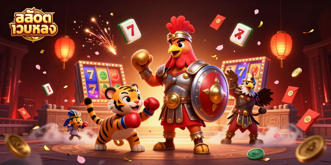 Engage with สล็อตเว็บตรง in a vibrant 3D casino scene featuring a gladiator rooster and slot game elements.