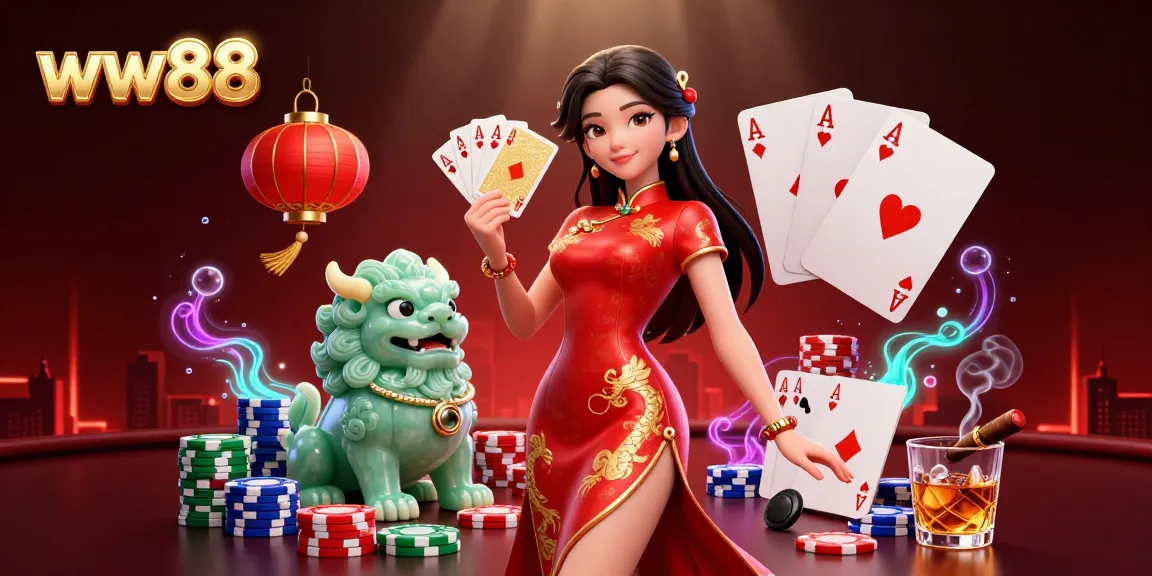 Win big with ww88 at a vibrant casino scene showcasing an elegant woman with playing cards and a jade lion.