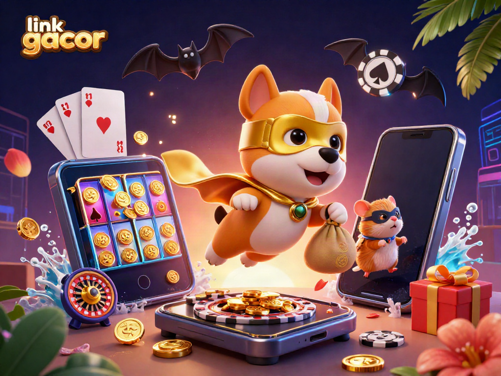 Experience excitement with link gacor in this vibrant casino-themed illustration featuring superheroes and slots.