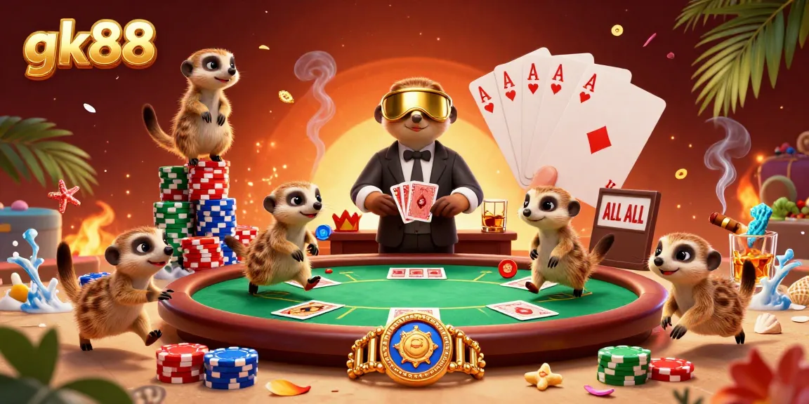 Experience gk88's vibrant casino action with meerkats engaging in lively poker; a dynamic 3D scene.