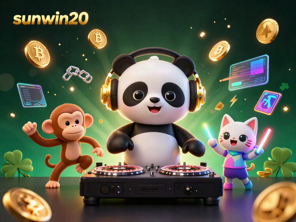 Experience the excitement of sunwin20 with a lively casino scene featuring a DJ panda, dancing monkey, and rave kitten.