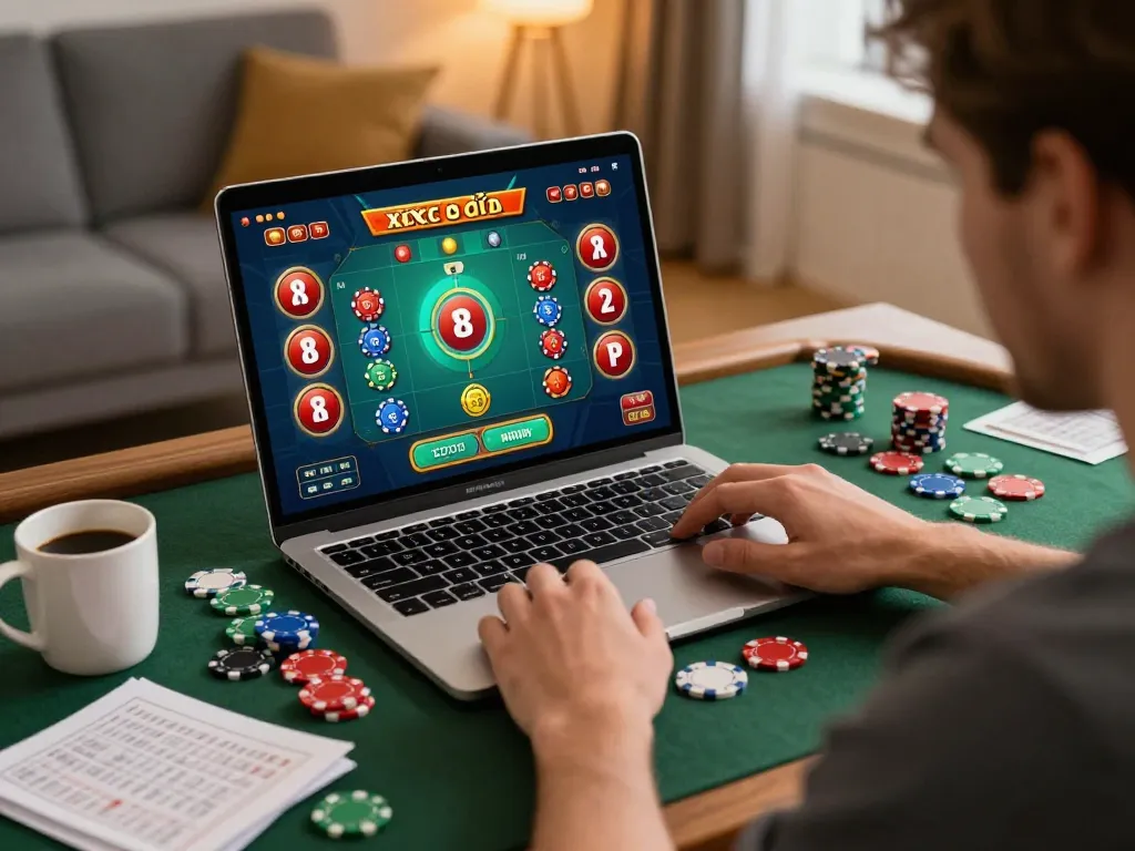 Engaging player placing strategic bets on xóc đĩa online game interface at home.