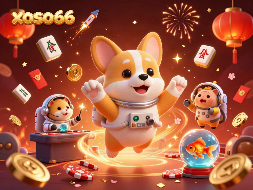 Engage with xoso66 in a lively casino space, where an astronaut corgi floats amidst poker chips and vibrant festive elements.