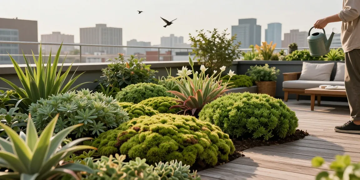Vibrant mos sedum dak met weelderige groene planten en een tuinier die de daktuin verzorgt met een stedelijke skyline.