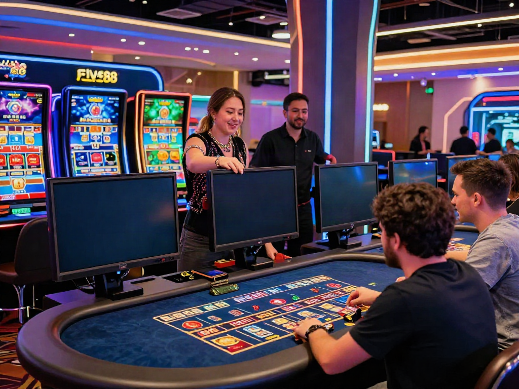 Engaging online gaming atmosphere at FIVE88 with players at casino tables.