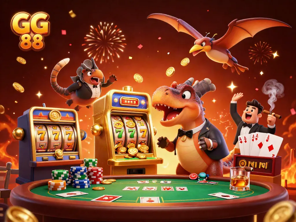 GG 88 pachycephalosaurus winning jackpot at a vibrant casino scene with slot reels.