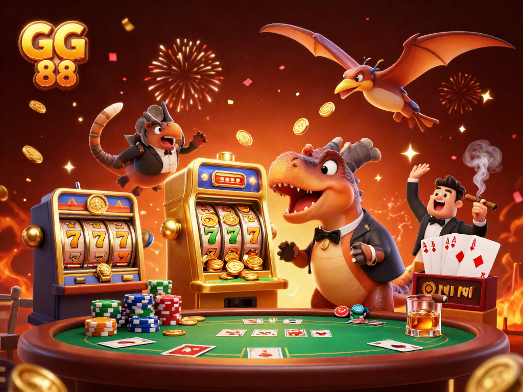 GG 88 pachycephalosaurus winning jackpot at a vibrant casino scene with slot reels.