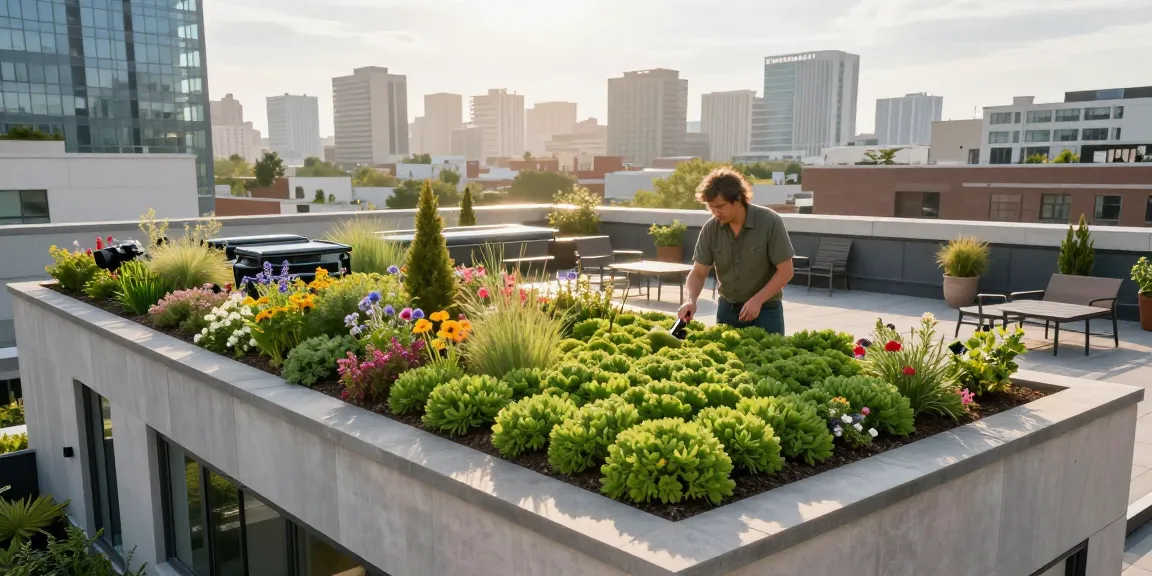 Vibrant mos sedum dak op een dak met een landschapsarchitect die planten inspecteert, wat stedelijke tuinieren laat zien.
