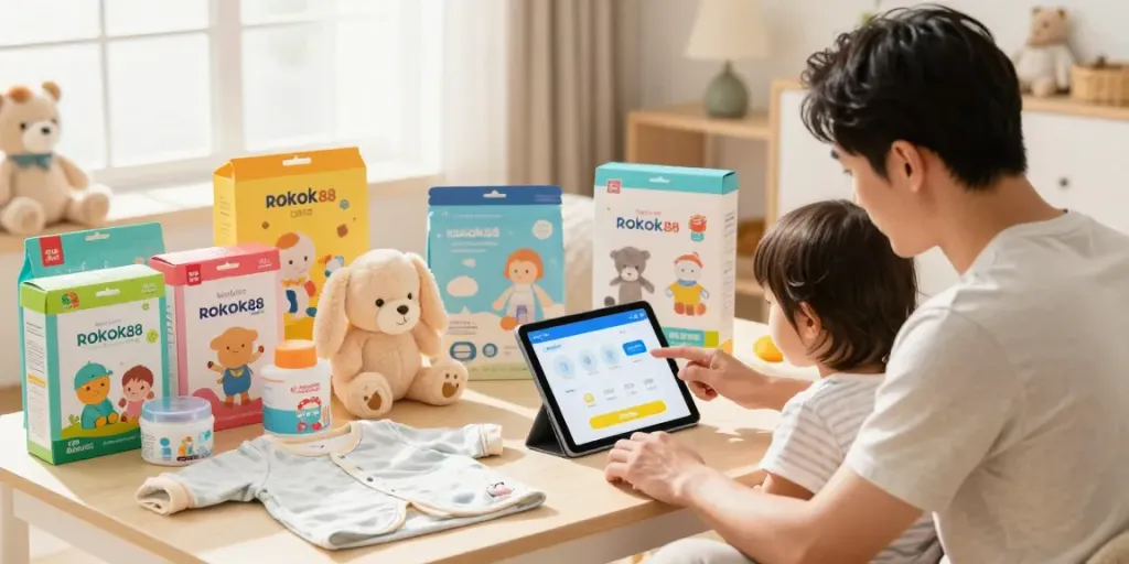 Parent browsing ROKOK88's baby products with their child amid colorful packaging and warm lighting.