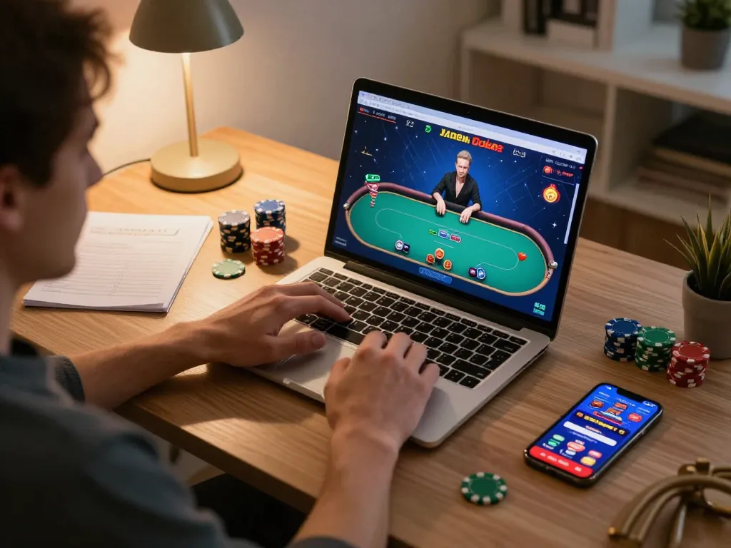 Player strategizing with Jun88 during an online poker session at home