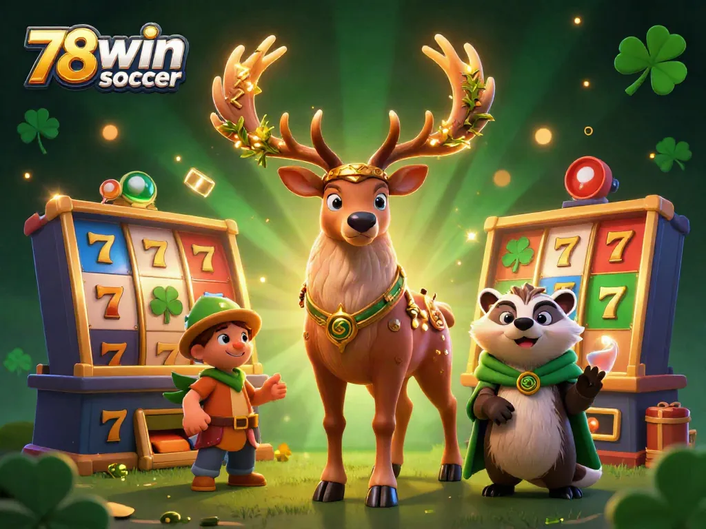 Experience the exciting world of 78win soccer with a vibrant 3D illustration of a Celtic stag, badger, and slot machines.