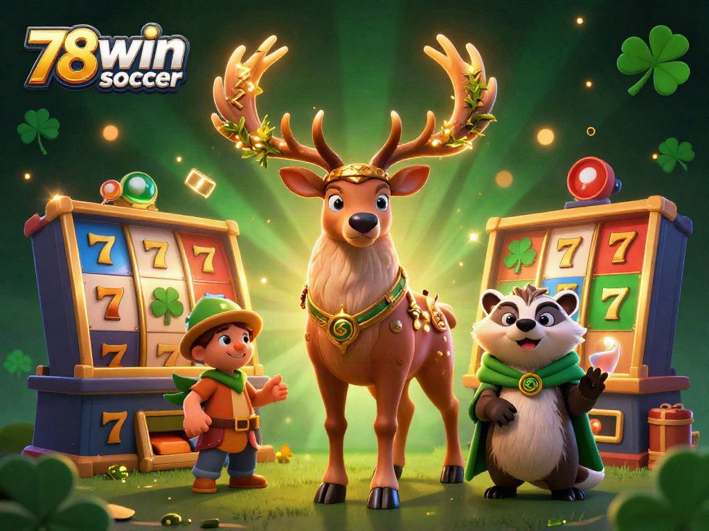 Experience the exciting world of 78win soccer with a vibrant 3D illustration of a Celtic stag, badger, and slot machines.