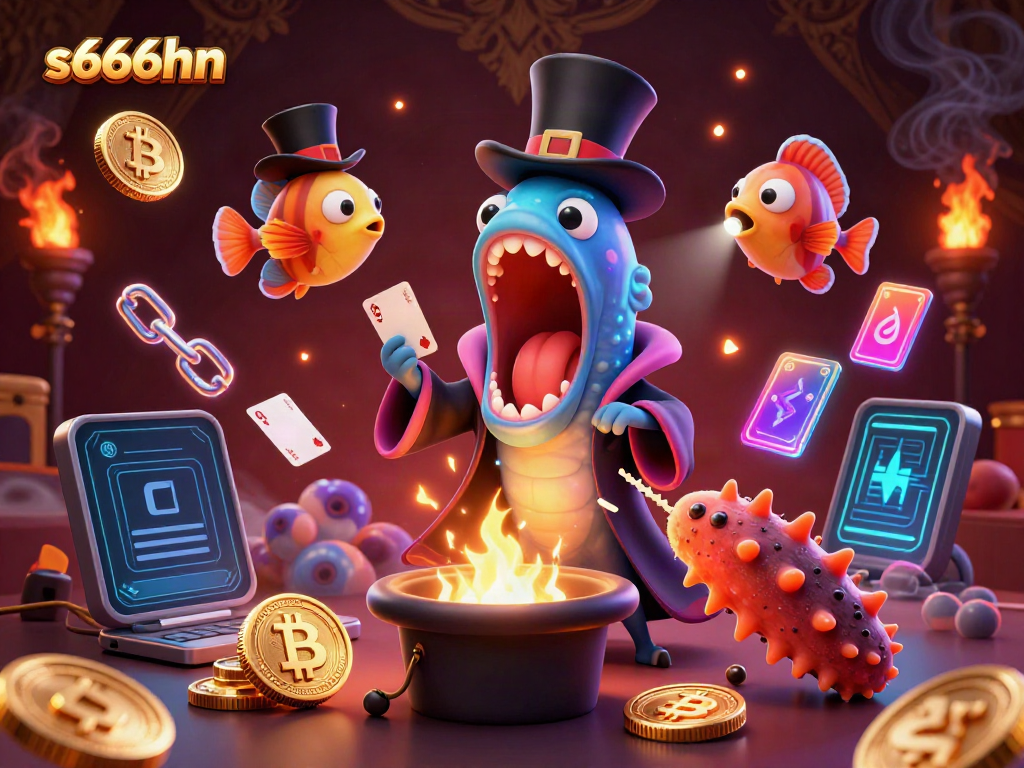 Experience the thrill of s666hn with a magical gambling scene featuring vibrant characters and crypto elements.