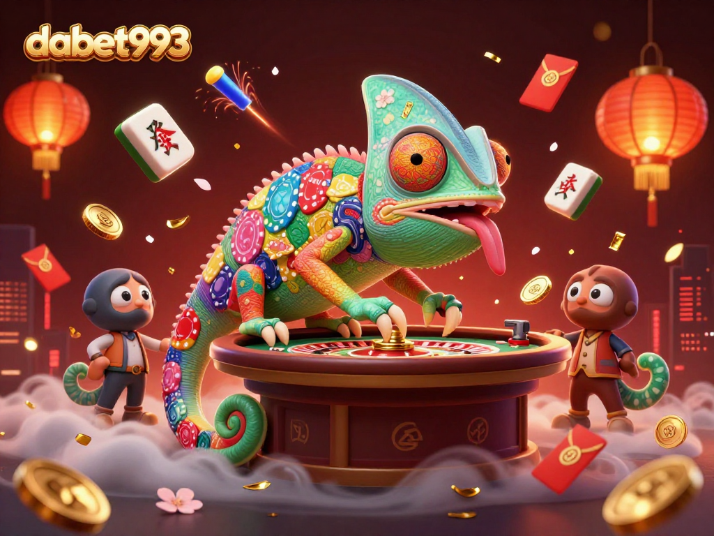 Experience thrilling gameplay at dabet993 with a vibrant 3D casino scene featuring a chameleon owner.